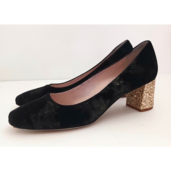 NWT Kate Spade NY Dolores Too Blk Velvet Pump Gold Sparkle Block Heel Italy 7M - Picture 5 of 11